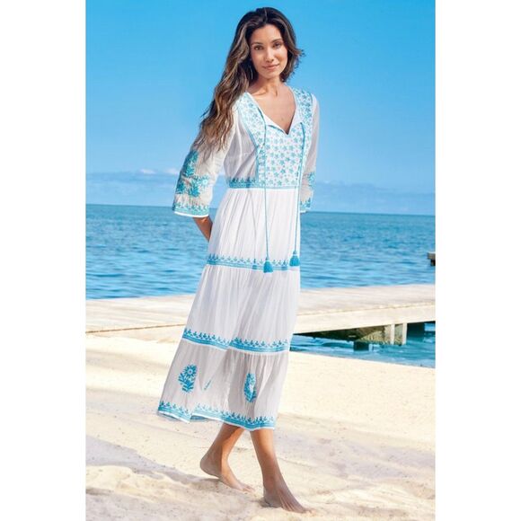 SOFT SURROUNDINGS Juniper Dress White Turquoise Embroidery, Midi, Sz M - Picture 1 of 13